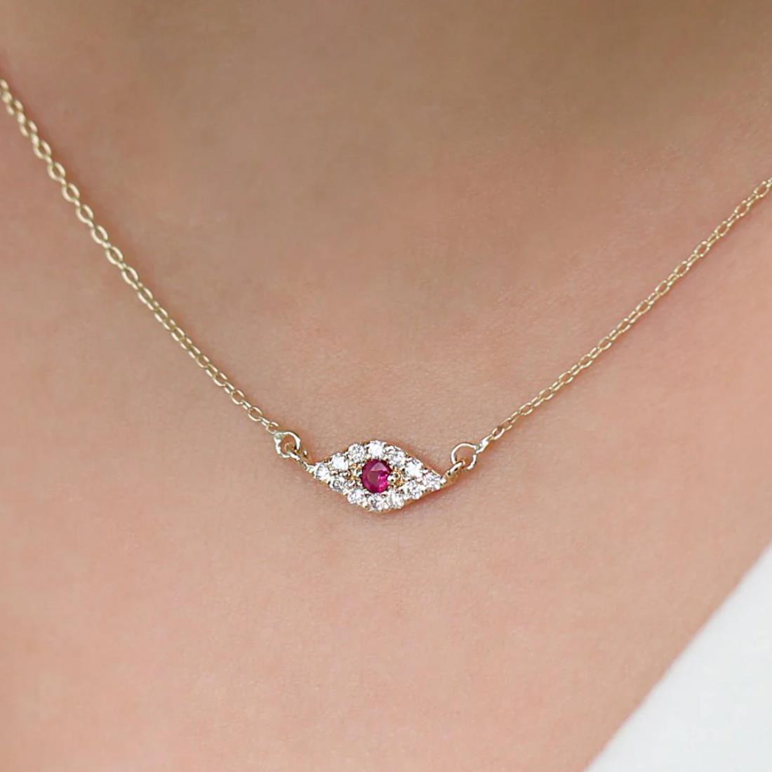 Rede Stone Evil Eye Diamond Charm Necklace
